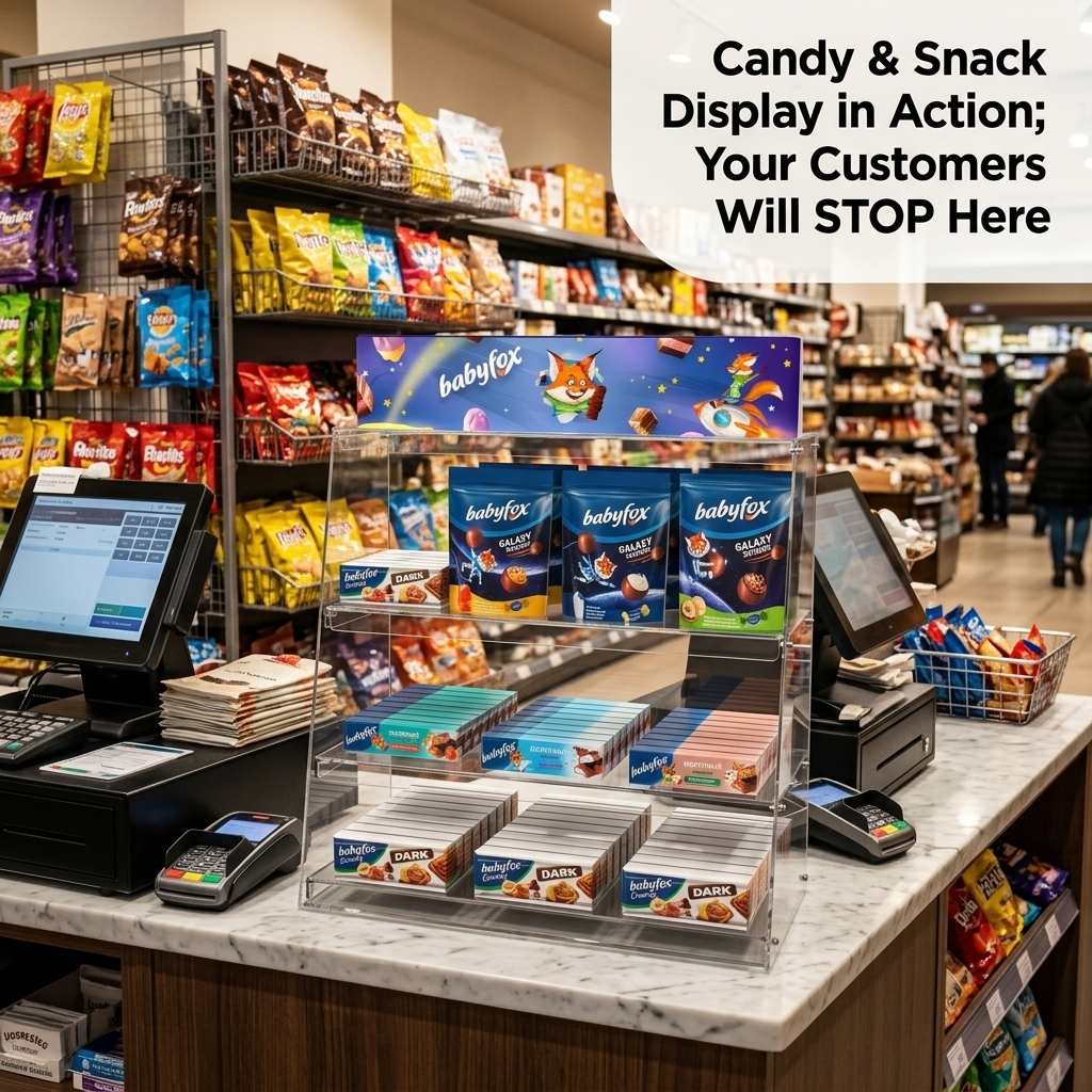 Custom Acrylic Countertop Snack Display Rack Stand Organizer Holder for Retail Store Candy Chocolate Chip Cookie Food Retail — view 2
