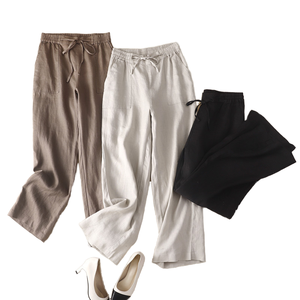 Pantalon droit en tissu peigné lin-coton pour femme, taille haute, cordon de serrage, coupe ample, longueur complète, couleur unie, décontracté, printemps - Product Image 1