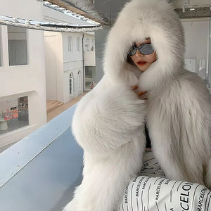 Abrigo de Piel de Oso Blanco de Talla Grande con Capucha, <span class=keywords><strong>Chaqueta</strong></span> de Punto de Piel Auténtica <span class=keywords><strong>y</strong></span> Esponjosa para Mujer, Sudadera con Capucha de Piel Peluda Extra Grande - Product Image 2