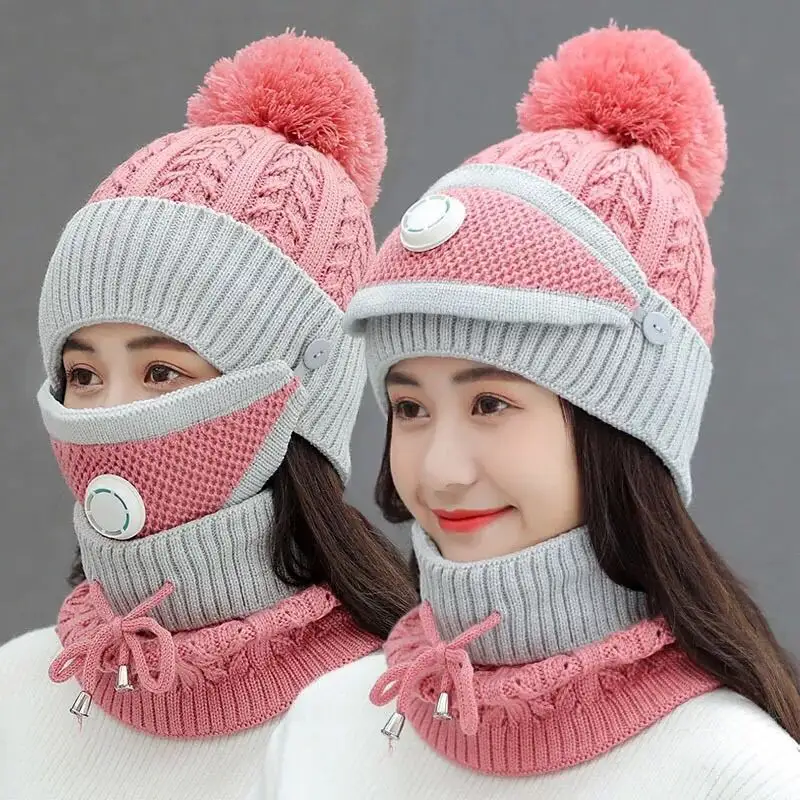 Gorro forrado de lana para mujer, conjunto de bufanda y máscara, gorro cálido con orejeras, Gorro con pompón, Invierno