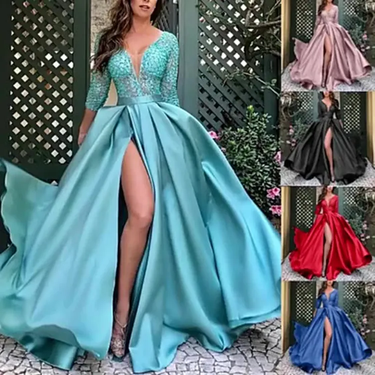 Prom Dress 2022 Robe De Soiree Party Formal Lace Satin Royal Blue Long Sleeve Evening Wedding Dresses For Women