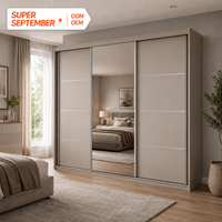 Armoire moderne à portes coulissantes miroir, pleine longueur, 3 panneaux, taupe, avec garniture argentée rainurée, autoportante, rangement de chambre sur mesure
