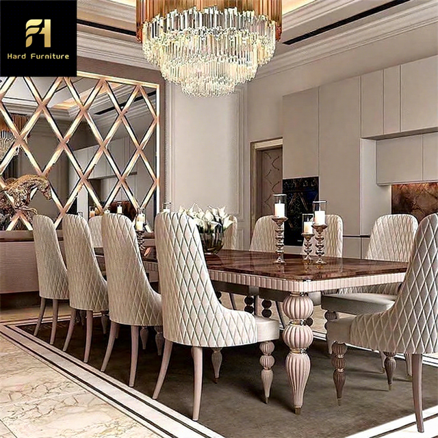 High Quality Light Luxury Beige Stone Table Polished Marble Top Dining Table With Tacked Lantern Table Legs