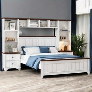 Cadre <span class=keywords><strong>de</strong></span> <span class=keywords><strong>lit</strong></span> plateforme blanc pleine grandeur avec 2 tables <span class=keywords><strong>de</strong></span> chevet et étagère <span class=keywords><strong>de</strong></span> rangement pour chambre à coucher et appartement - Product Image 2