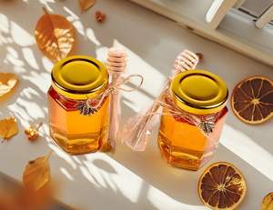 Pot de miel hexagonal de 100 ml <span class=keywords><strong>Mini</strong></span> pots de miel 3 oz Pot de miel <span class=keywords><strong>en</strong></span> <span class=keywords><strong>verre</strong></span> élégant avec couvercle <span class=keywords><strong>en</strong></span> or Jutes <span class=keywords><strong>parfait</strong></span> pour les faveurs de mariage de cuisine - Product Image 5