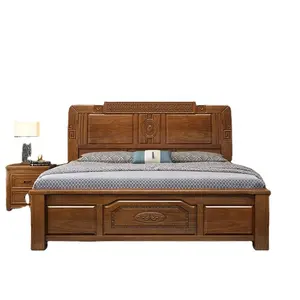 Cama doble, camas de madera modernas chinas, muebles de dormitorio, almacenamiento de lujo, cama de madera maciza, tamaño King