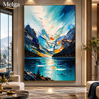 Grande peinture murale de montagne enneigée sur lac, peinture à l'huile, paysage au lever du soleil bleu et orange, toile pour décoration de salon et d'hôtel