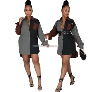 J&H fashion autumn women clothing gingham print collar shirt long sleeve button down oversize polo dress casual outfit