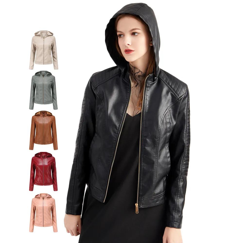 Hot Sale Winter Warm Fleece Lined PU Jacket Clothing Hooded Leather Coats for Ladies