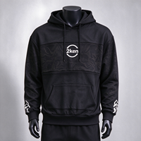 Sweat-shirt à capuche pour homme, noir, avec empiècements jacquard, logo circulaire imprimé, poche kangourou, manches longues, style streetwear, OEM ODM, vente en gros