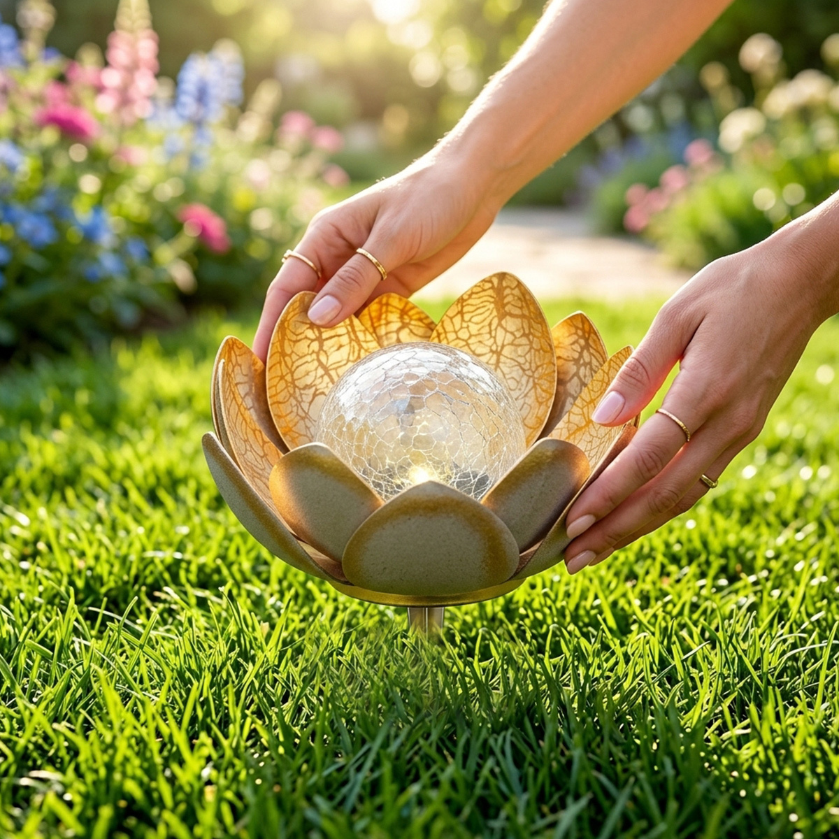 Solar Lotus Garden Light Weatherproof Outdoor Decorative Lighting Lotus with Crackle Glass Ball Solar Pathway Lights Lotus Decor