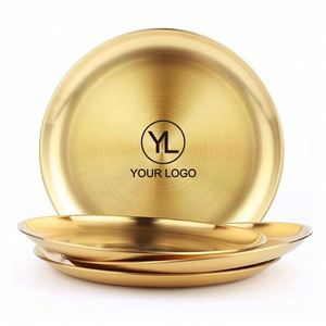 Assiette de service ronde en acier inoxydable doré avec logo personnalisé, 8 pouces, réutilisable, durable, sans BPA, pour le camping et les dîners - Product Image 1