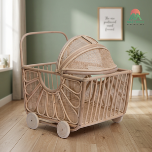 Boho-style woven rattan <b>pull</b>-along <b>cart</b>, large capacity, handcrafted rattan toy basket, rattan storage basket for children, phot - Product Image 3