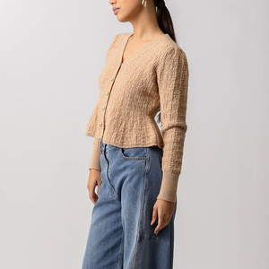 <span class=keywords><strong>Cardigan</strong></span> da <span class=keywords><strong>donna</strong></span> in maglia <span class=keywords><strong>Beige</strong></span> testurizzata con orlo peplo maglione corto con bottoni per la moda Casual femminile - Product Image 2