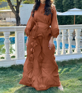 2025 nuovo Design Miyake plissettato due pezzi Plus Size <span class=keywords><strong>abiti</strong></span> primi tinta unita marrone t-shirt e gonne larghi <span class=keywords><strong>abiti</strong></span> lunghi da ufficio - Product Image 1