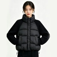 Jaket Puffer Rajut Kabel Wanita Grosir Musim Dingin 2026, Kerah Tegak, Model Pendek, Berlapis, Warna Cokelat, Patchwork, Hangat, Berisi Kapas