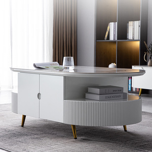 Modern Oval <b>Coffee</b> <b>Table</b> With Storage White Glossy Surface For Living Room <b>Small</b> Space Design - Product Image 1
