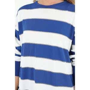 Tunique rayée à manches longues pour femmes, en coton, confortable, vêtements de travail, bleu et blanc - Product Image 1