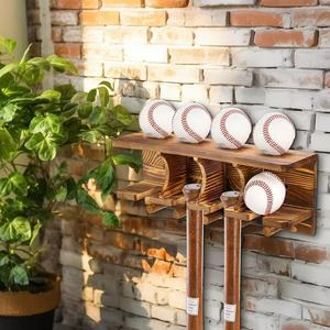 Wooden Baseball <b>Display</b> Stand <b>Wall</b> Mounted Solid Wood Rack For Baseballs And Bats Storage Organizer - Product Image 1