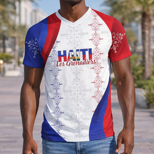 Maillot de football col en <span class=keywords><strong>V</strong></span> pour homme Haïti 2026WC – Indispensable pour les fans d'Haïti – Match du premier tour du Groupe A le 14 juin – AYITI Manches Courtes - Product Image 3