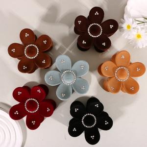 Pinza de Pelo con Flores Estilo Europeo-Americano de Terciopelo Coreano, con Brillantes y Pedrería, Pinza de Plástico Tipo Tiburón para Niñas - Product Image 1