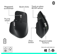 Souris sans fil Logitech MX Master 3S, défilement ultra-rapide, capteur Darkfield Ergo 8K DPI, suivi sur verre, clics silencieux
