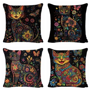 Taie d'oreiller carrée en lin à motif floral de chat, lavable, pour coussin lombaire, décoration de canapé de salon - Product Image 1