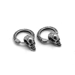 Boucles d'oreilles créoles personnalisées pour hommes en acier inoxydable 316L hypoallergénique, avec breloque crâne vintage, style gothique punk viking, cadeau - Product Image 2