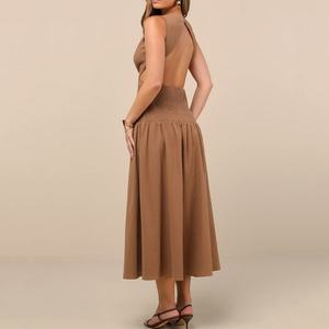 Robe maxi plissée sans manches élégante et ajourée pour l'été 2025, en lin et coton mélangé, personnalisable, style décontracté - Product Image 3