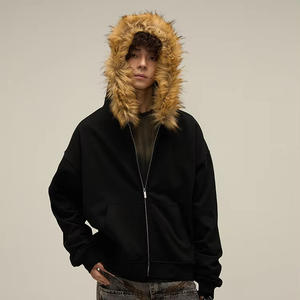 Manufacturer Custom Logo Autumn Silk Screen Digital Anti-Wrinkle Heavyweight 500 Gsm Boxy Faux Fur <b>Zip</b>-<b>Up</b> <b>Jacket</b> Hoodie Men - Product Image 2