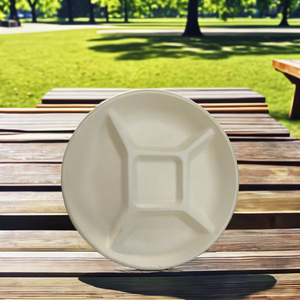 Assiettes blanches et brunes jetables biodégradables rondes à 5 compartiments Plat en papier jetable à base de canne à sucre et de <span class=keywords><strong>bambou</strong></span> - Product Image 6