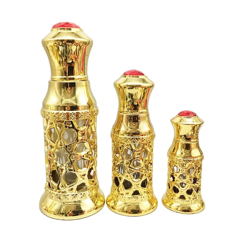 Dubai Middle East 3ml 6ml 12ml metal attar bottle essential oil fragrance perfume bottle with ruby top cap and stick