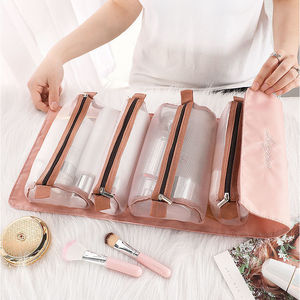 Portable Makeup <b>Bag</b> <b>Large</b> Capacity Mesh Travel <b>Toiletry</b> <b>Bag</b> For Women With 4 Compartments Pink Color Multipurpose Storage - Product Image 1