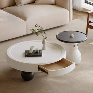 Cream Colored Round Coffee <b>Table</b> Resin Top Modern Minimalist Design <b>Small</b> Living Room Use - Product Image 4