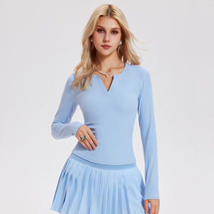 महिलाओं की लंबी आस्तीन लाउंज v-गर्दन के शीर्ष स्लिम फिट फिट बुना हुआ शर्ट कसरत जिम योग - Product Image 2