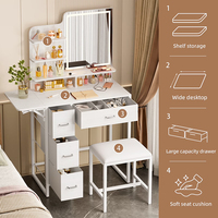 Coiffeuse lumineuse avec miroir, petite table de maquillage multifonction avec tiroir, étagères, panneau rabattable et prise de courant