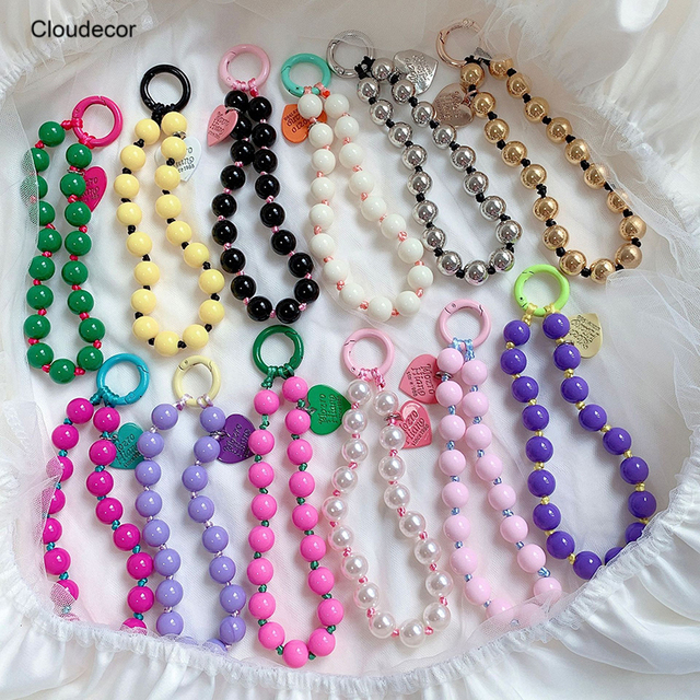 Sweet Lovely Love Cute Heart Charm Colorful Beads Knotted Mobile Phone Hanging Wrist Strap Silver Braided Phone Bracelet Lanyard