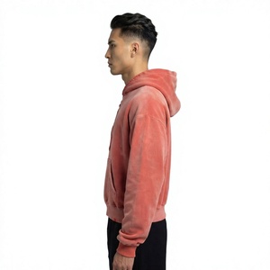 Pink Solid Acid Wash Zip up Hoodie Men Vintage Distressed <b>Heart</b> Embroidery Winter Oversized Streetwear <b>Sweatshirt</b> - Product Image 2