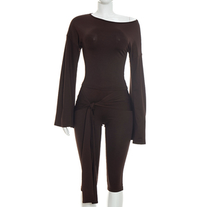 Viviblook Y26ST279 Ensemble décontracté pour femme, haut à épaules dénudées et manches évasées, pantalon court à lacets, ensemble deux pièces - Product Image 2