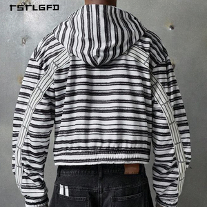 Sudadera con capucha y cremallera a rayas monocromáticas personalizadas con efecto pintado y hombros caídos en diseño relajado para ropa urbana de marca privada - Product Image 4