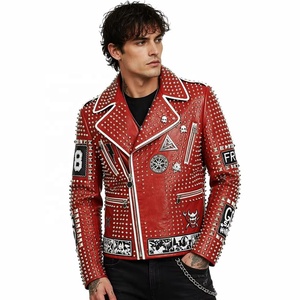 Chaqueta de Cuero Genuino para Hombre, Estilo Motero, Color <span class=keywords><strong>Rojo</strong></span>, Cuero Vacuno de Grano Completo, con Tachuelas, Parches, Apliques y Bordados, Estilo Punk Rock, Fabricación OEM - Product Image 1