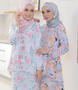 Baju Kebaya Muslim Elegan Mode Sifon Berat Como Crepe Cetakan Kustom 2023 Pakaian Malaysia