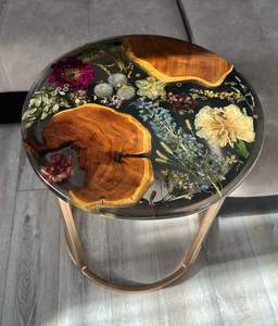 Elegante personalizado diseño moderno hecho a mano de madera y resina Mesa Redonda borde vivo resina epoxi flor río mesa de comedor - Product Image 4