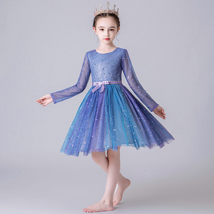 Elegante Vestido Formal de Manga Larga con Tul Azul y Pequeñas Flores para Niña, Ideal para Bodas y Fiestas - Product Image 2