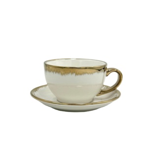 Luxury Gold Plated Ceramic Porcelain Coffee Mugs with Saucer and Tray Modern Promotional Gift Dishwasher Safe 300ml