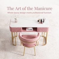 Mesa de Manicura Rosa de Lujo con Juego de Sillas, Escritorio de Manicura de Terciopelo con Ranura para Lámpara UV, Marco de Metal Dorado, Estación de Trabajo con Ruedas, Muebles de Salón