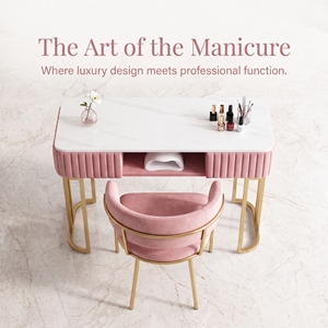 Luxury <b>Pink</b> Nail Table with Chairs Set Velvet Manicure <b>Desk</b> with UV Lamp Slot Gold Metal Frame Rolling Tech Station Salon Furnit - Product Image 2