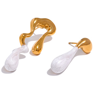 Orecchini a Perno XY 1896, Gioielli in Metallo Impermeabile, Regalo per Donne, Smalto <span class=keywords><strong>Bianco</strong></span> e Marrone, Acciaio Inossidabile, Design Asimmetrico Creativo - Product Image 2