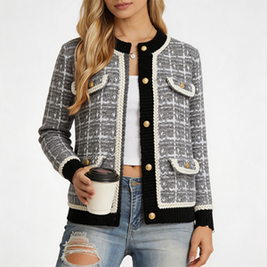 <span class=keywords><strong>Cardigan</strong></span> in Maglia di Tweed <span class=keywords><strong>a</strong></span> Quadri Grigio Chiaro con Collo Rotondo e Bordi Intrecciati, Abbigliamento Formale per Donna, Etichetta Privata - Product Image 1