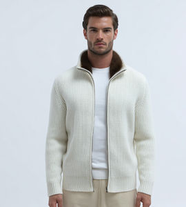 เสื้อคาร์ดิแกนผู้ชาย <span class=keywords><strong>Yupoo</strong></span> คอโอ แต่งปกขนเฟอร์เทียม ซิปหน้า สีครีม ผ้าถักริบหนา สไตล์วินเทจ หรูหรา เสื้อคลุมฤดูหนาว - Product Image 1